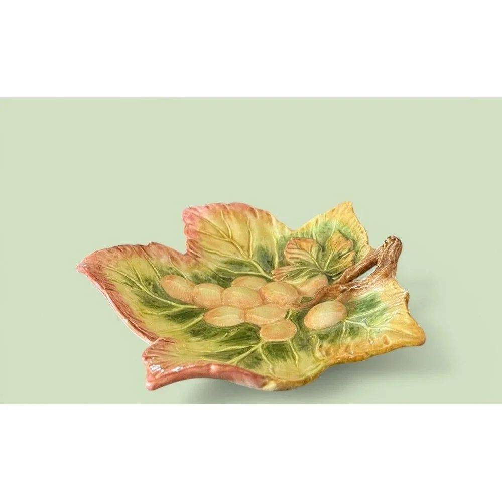 Fitz & Floyd Grape Vine Leaf Candy Nuts Trinket Bowl Dish Pastel Colors VTG